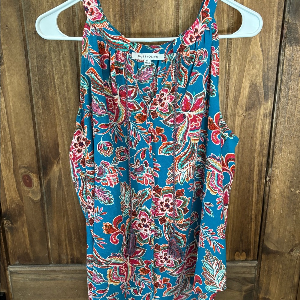 Rose & Olive Women's Floral Tank Top - Teal and Pink